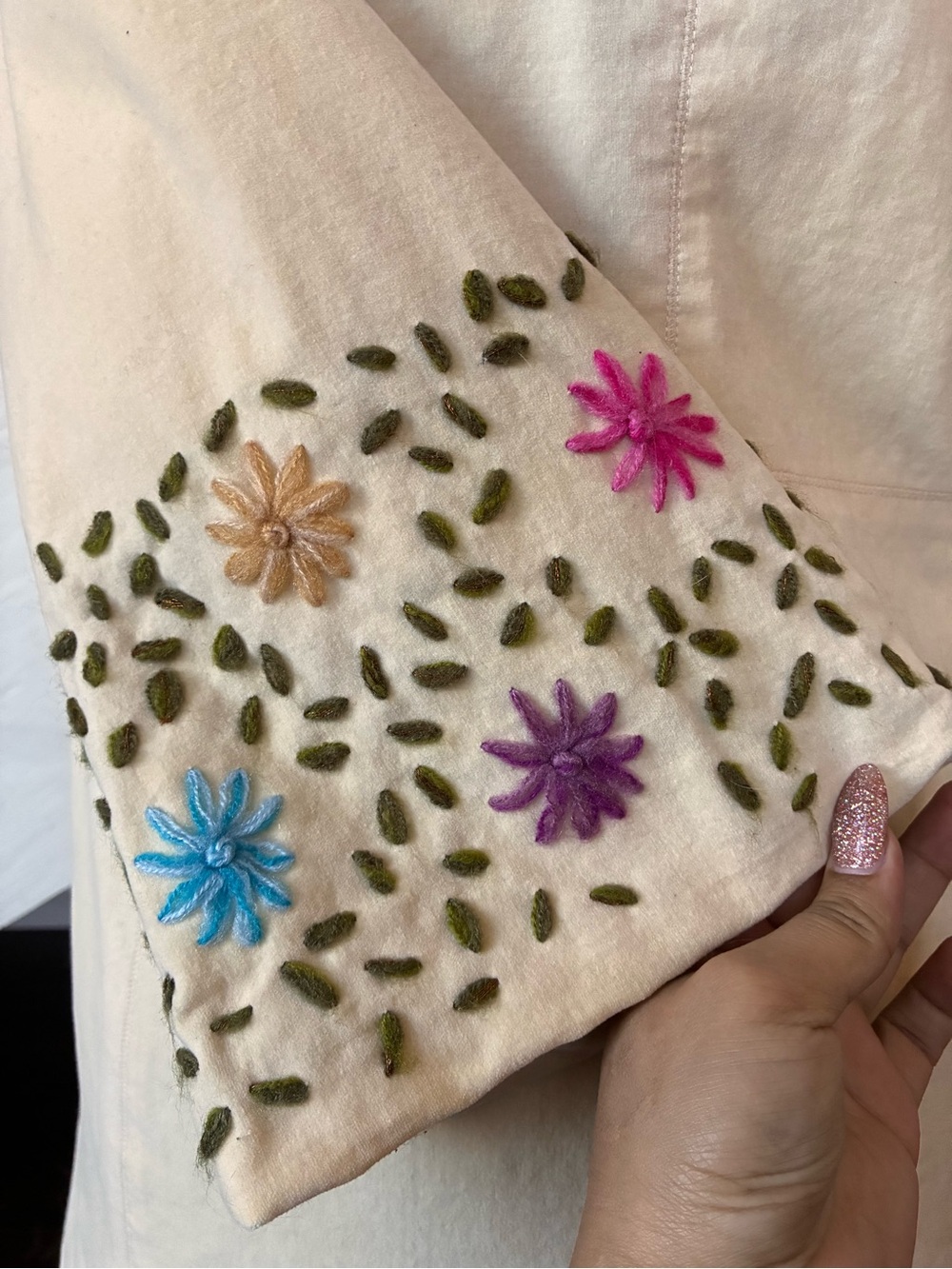 Cream Embroidered Floral Long Coat - Picture 3 of 6